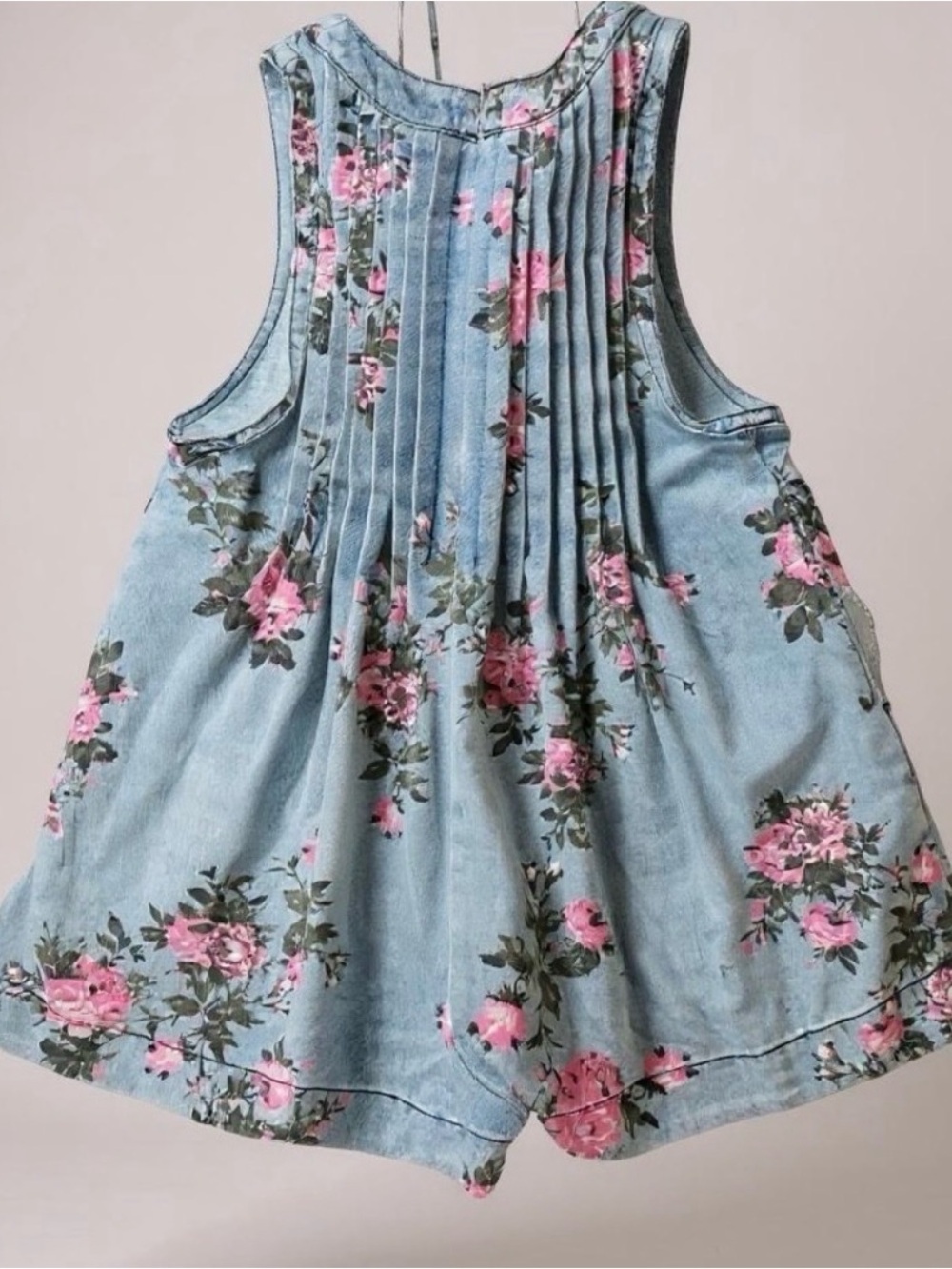 Veveret floral denim sleeveless romper large pleated coquette bow feminine NWOT - Picture 3 of 9